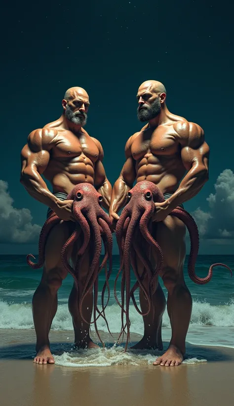 Only mascular Men holding with octopus standing on sea beach night 