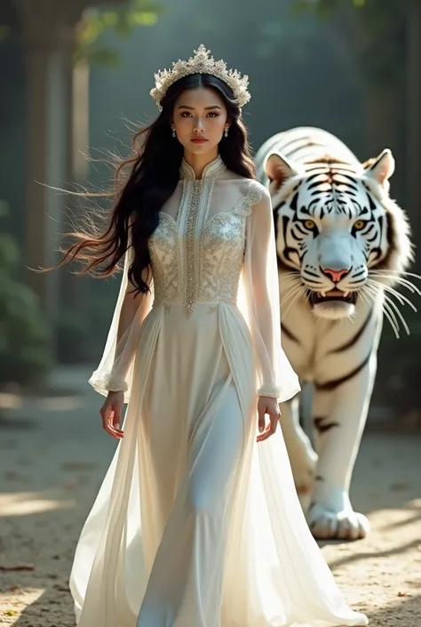  Woman wearing a long white kebaya with wavy black hair wears headdress, walking straight with a white tiger and a view facing the camera , 