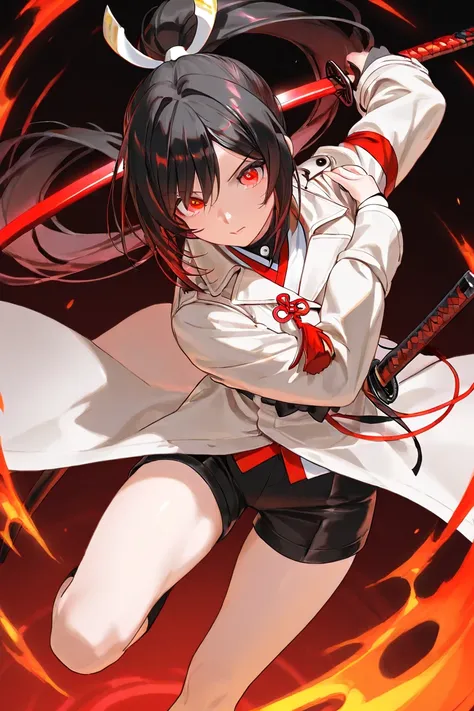 A black-haired samurai adorned with bangs and an elegant, long ponytail, her eyes gleaming in a crimson hue as she skillfully unsheathes her katana, ready to face any challenge in a cyberworld. Her well-toned body boasts a B-cup, and she wears a white tren...