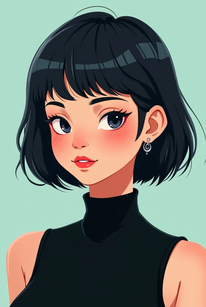 woman cartoon ,  short black hair up to the shoulders, smooth hair, hidden mechon ,  black turtleneck t-shirt , bare arms