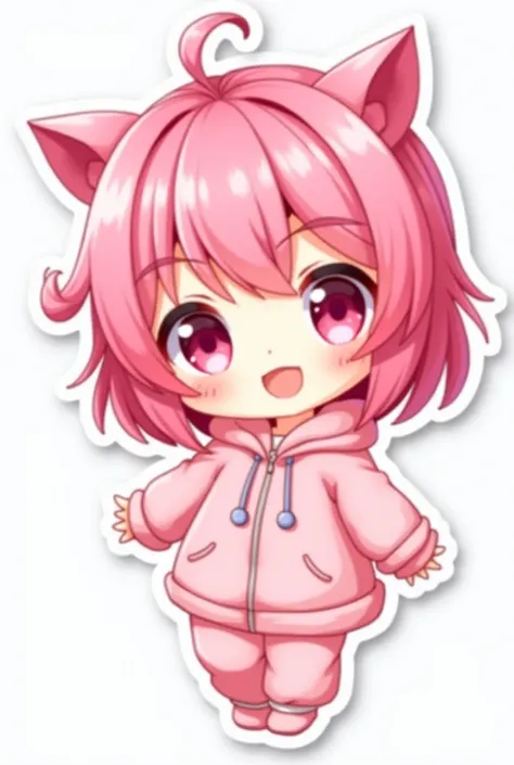 2D, CUTE, ANIME STYLE, STICKER, CUTE, CHIBI, GIRL, Pink hair, layered hair and pink eyes, with a pink hoodie, full body , big head , small limps, best quality, white background