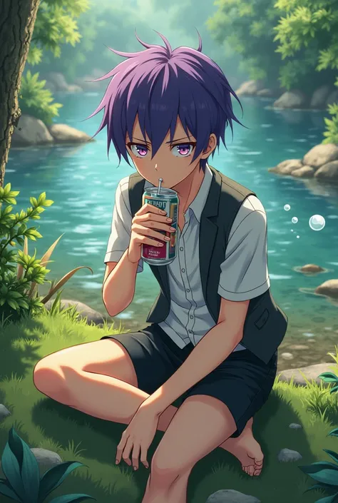 The character from the anime Dr. .stone:  Gen Asagiri drinking a soda on the bank of a river