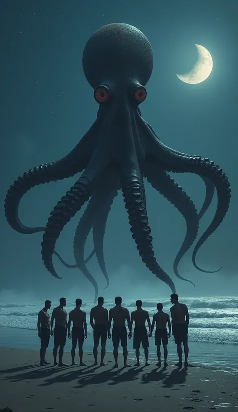  Men take this  octopus standing on sea beach night 