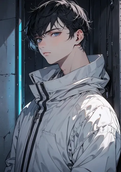 close-up on male, 20-years old man, handsome, short black hair, black eyes with glow blue, (white straight jacket, collarless), looking at viewer, solitary confinement in a mental hospital, dynamic lighting,high quality, amount of drawing, pixiv illustrati...