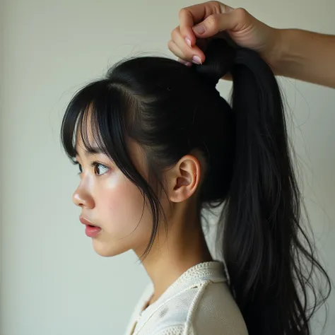 A beautiful young japan womans disembodied head is hanging by her ponytail, grabbing by a hand. Side view of the head. She has no neck no shoulders just the head. She has beautiful straight thick smooth silky long black hair in a tight thick ponytail. The ...