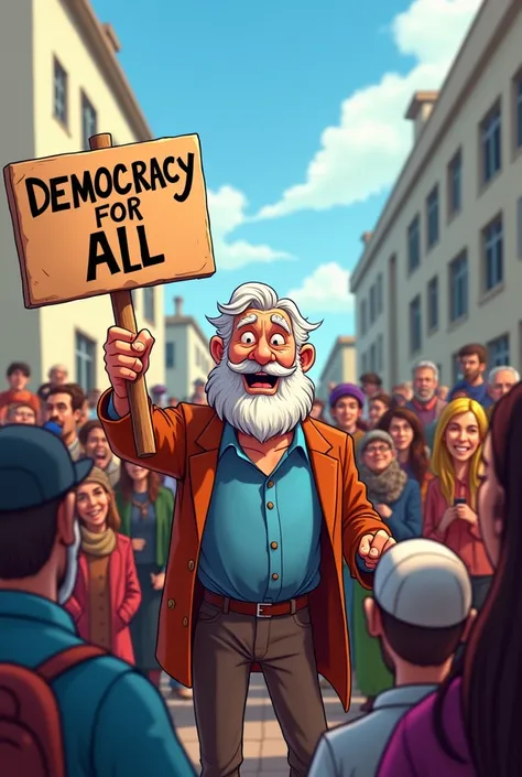 Cartoon of an old man in front of a crowd holding a poster saying "Democracy for all