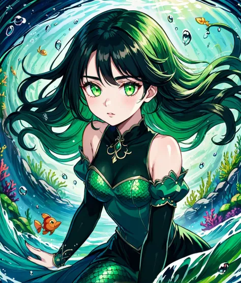 fantasy art, (A (severus snapes daughter:(european girl,black hair, green eyes) from little mermaid, intricate detail, extremely detailed, Illustration, official artwork, anime style, wallpaper, official art, HD, 8K