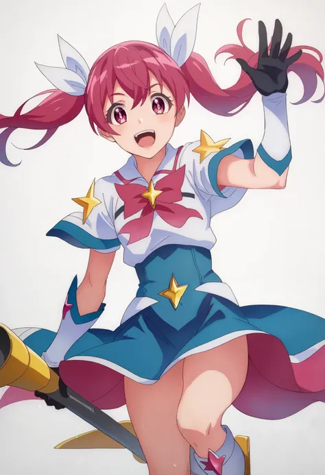 score_9_up, score_8_up, score_7_up, MCL_KS, Twin tails, Solo, Black gloves, Smiling, Pink hair, Pink eyes, Hair ribbon, White short sleeves, Blue skirt, White arm guards, Waving, Looking at the viewer, White background, Simple background, Mouth open, Magic...