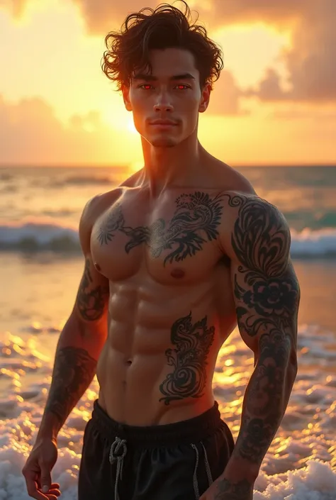 muscular teenage boy, half asian, attractive red eyes, chiseled body, warm smile, thick eyebrows, beach, tattoos, detailed face, detailed anatomy, dramatic lighting, glowing skin, wet skin, ocean waves, golden hour, cinematic, hyper-realistic