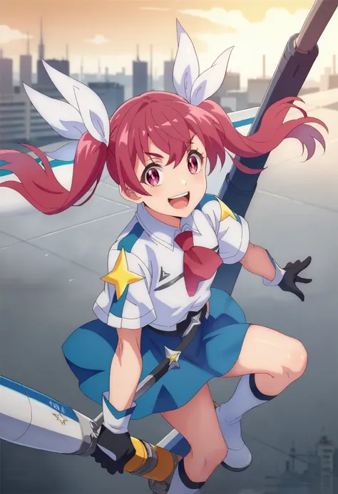 score_9_up, score_8_up, score_7_up, MCL_KS, Twin tails, Solo, Black gloves, Smiling, Pink hair, Pink eyes, Hair ribbon, White short sleeves, Blue skirt, White arm guards, Looking at the viewer, Mouth open, Broom with jet engine, Flying in the sky astride a...