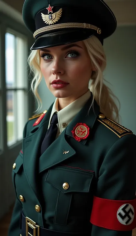 Anime beautiful nazi female, blonde short hair with V shape Bangs, wearing a nazi soldier uniform and nazi soldier hat, nazi logo armband on sleeve, blue eyes, inside her office, feisty face