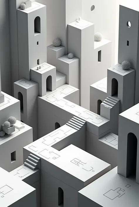 Generate an isometric image similar to the graphics of the game Monument Valley in black and white with shadows