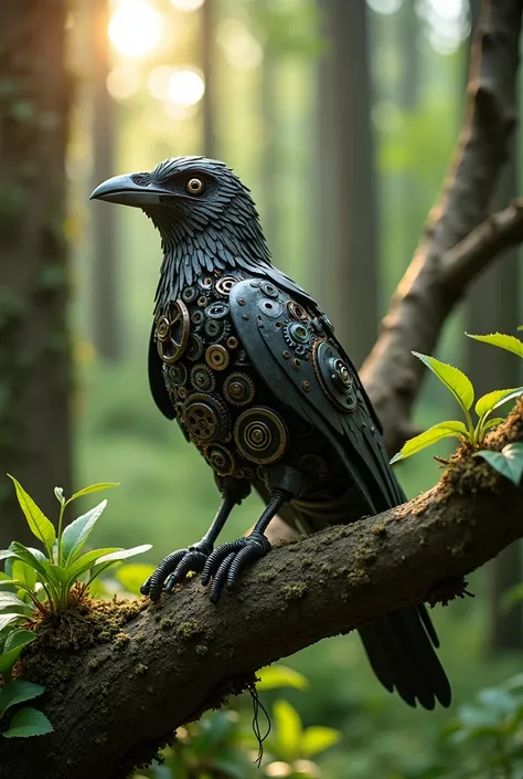 The image showcases a detailed metal sculpture of a bird, resembling a crow or raven, perched on a branch of a real tree in a dense forest. The bird is meticulously constructed from various mechanical components such as gears, screws, and metal plates, giv...