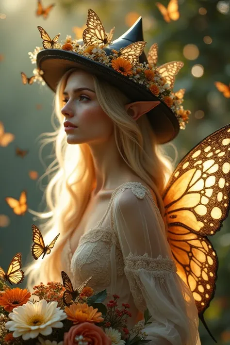 An elegant elf angel with delicate features and long blonde hair, she stands gracefully. On her head she wears a fancy dark dome-like hat adorned with many of the same flowers and butterflies. Her butterfly-like wings shimmer with gold and embellished with...