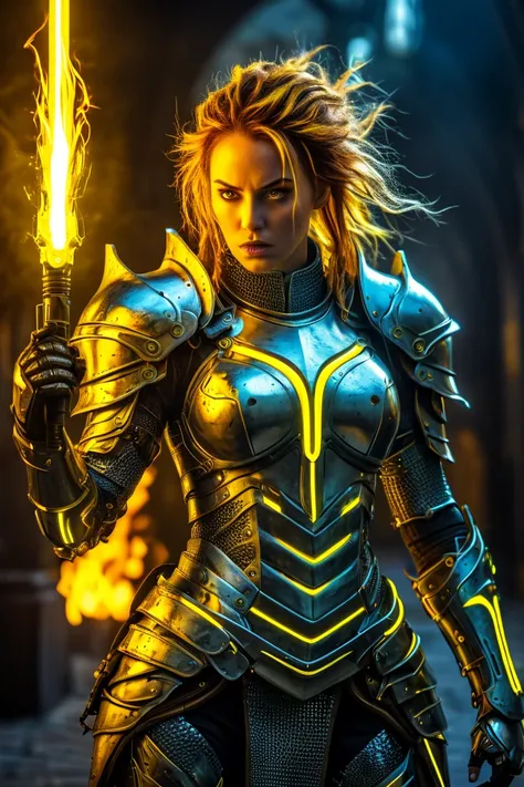 an incredible terrifying warrior, (High, HDR:1.2), medieval armor detailed with yellow neon and cybernetic arm, ((scientific fiction, Futuristic)) A woman who is angry and her hair is on fire.