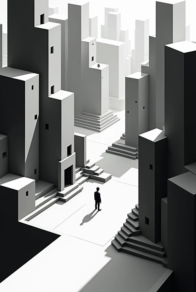 It generates an isometric image similar to the graphics of the game Monument Valley in black and white with shadows and slightly large buildings 