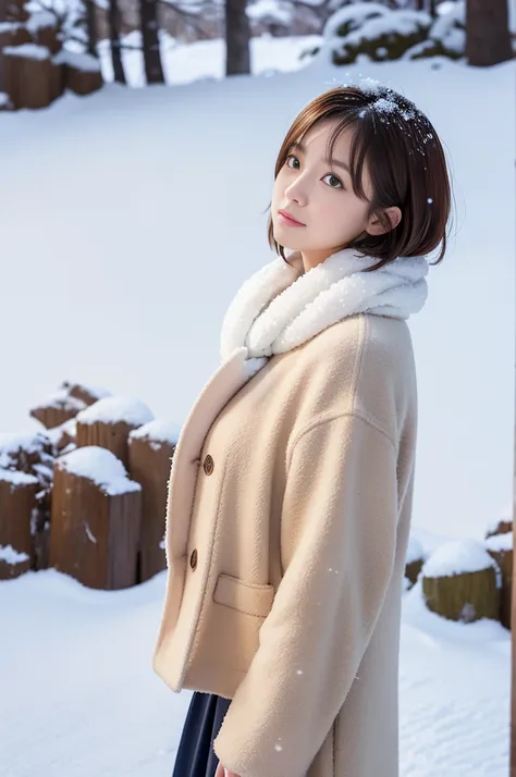 (8k, RAW photo, photorealistic, HQ, masterpiece), a cute Japanese girl,(glowing eyes), (profile:1.1), from side, (look at above:1.4), (Look up:1.4),
(light smile:0.7), brown hair, fluffy Pixie Bob hair, large breasts, curvy, (Stylish winter outfits, Scarf,...