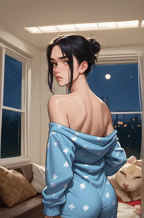 1 Girl,  irritated expression ,  light-colored pajama top short, Black Hair, Ji Qie,  watching the audience , Back of the living room . (Slender figure), portrait. (night:1.4)