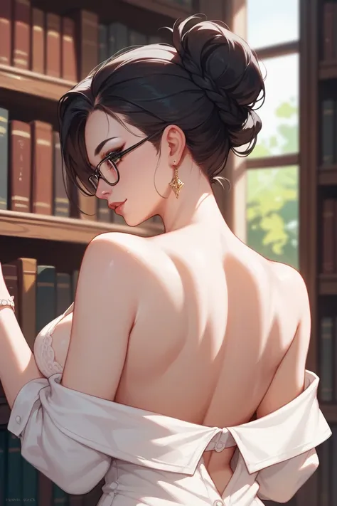  black hair up to shoulder blades, Glasses, no makeup,Breasts are small and dont accentuate ,sense of cleanliness, white blouse,The older sister who works at the library