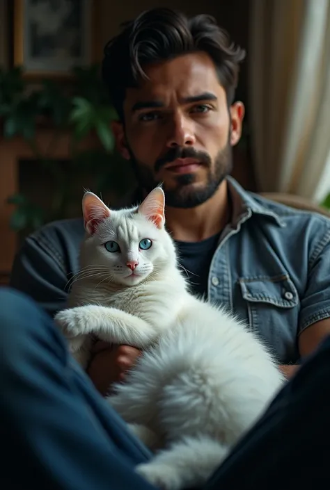 white cat blue eyes, white furr sitting on the lap of a man, the man is quite intriguing having an intense aura  sitting a quit room with a bit of sunlight is coming, UHD, retina, masterpiece, accurate, anatomically correct, textured skin, super detail, hi...