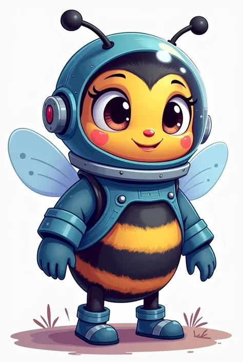 A cartoonish bee with astronaut helmet in blue and purple colors 