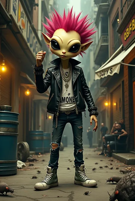  A big-eyed alien with colored crested hair with a lock hanging with chains around his neck. Eyeliner , A t-shirt that says ramones .  Above the shirt a leather jacket with studs .  A tight pants all torn and a belt with studs .   The alien is in a standin...