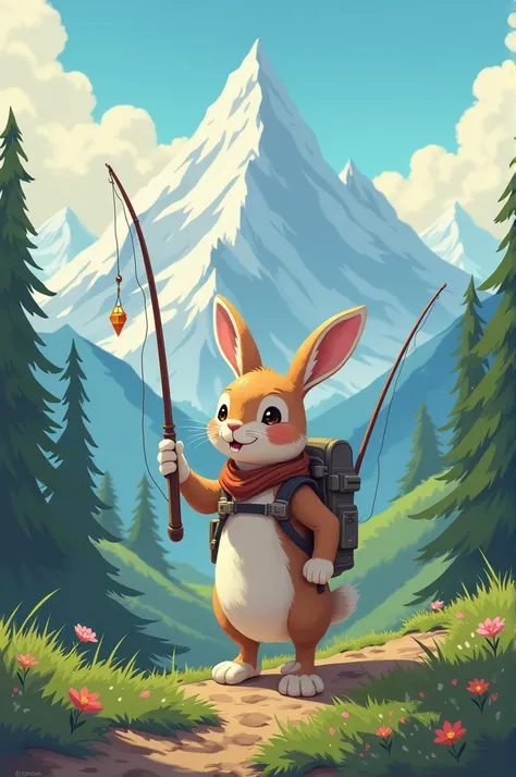 Rabbit + daimond + fishing rod + Mountain logo for trip