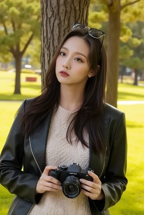 A young woman stands beneath a tree in a vibrant yellow flower field, exuding effortless cool in a stylish black leather jacket over a light knitted sweater, her long, dark hair flowing freely. She holds a Leica camera, sunglasses perched on her head, gazi...