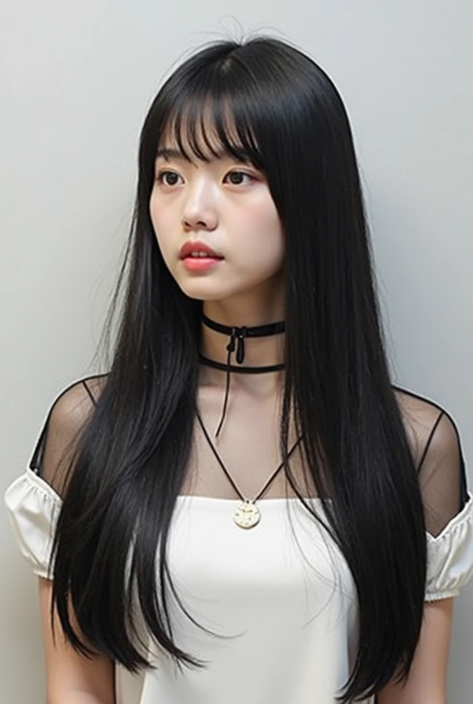  long dark haired woman wearing a black top, She has dark hair with bangs ,  long dark hair with bangs , Long black hair with bangs,   long hair with bangs ,  Straight Hairstyles , long straight bang , Long, thin black hair , Kurohime cut hair, Ulzzang,   ...