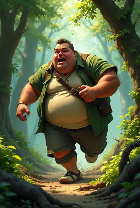 A fat man is running away in the forest