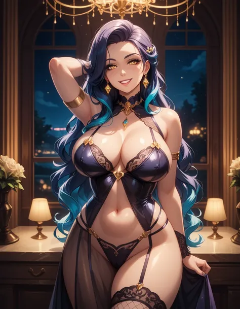 (​masterpiece, top-quality, hight resolution, Unity 8k, extremely details CG:1, Best Picture), A glamorous and curvaceous prostitute standing in a dimly-lit private room at night, wearing a seductive and revealing outfit that highlights her alluring figure...