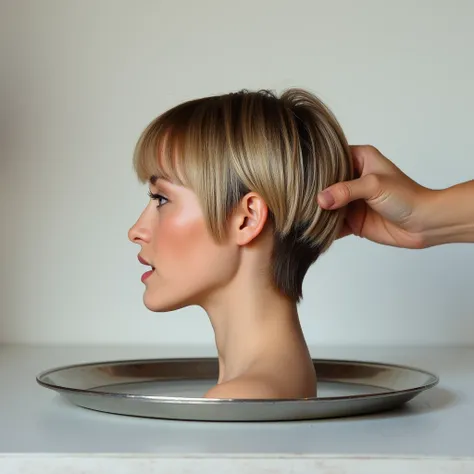 A beautiful young european womans severed head is on a silver tray. Side view of the head. She has beautiful straight thick smooth silky short pixie dark blonde hair with bangs. The womans face showing fear. Her eyes and mouth are wide open. One hand is gr...