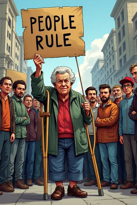 Cartoon of an old woman with crutches in front of a crowd holding a poster saying "People Rule" 