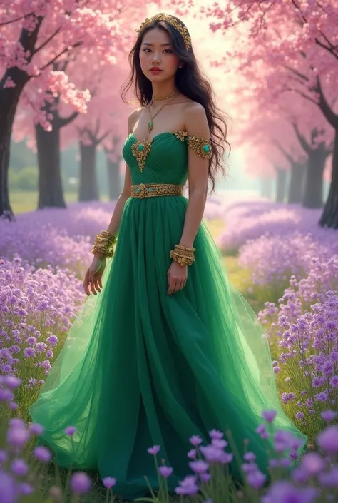 Female figure (ethnicity:1.1), (age:20),  in a vibrant emerald green, flowing gown (detailed clothing:1.2), (detailed skin texture: 1.2), with golden accessories (accessories:1.2), including ornate armbands and a necklace with jewels (accessories:1.1) ,  p...