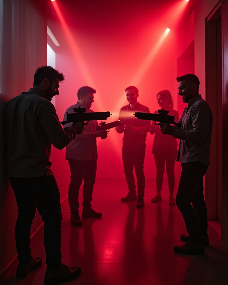  Realistic cinematic frame of :

    "A group of young Latino office workers relaxing in an after office , relaxed and laughing ,  entering a dark futuristic room ,  with simple laser tag weapons with short cannon in hand shining with red LED lights,  surr...