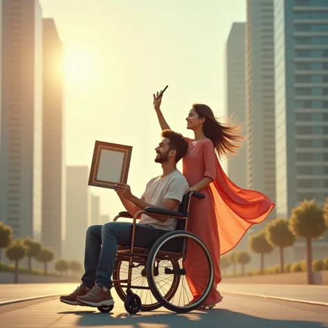 Create a side view of cinematic scene featuring a young man in a wheelchair holding a photo frame in his hand and a cheerful young woman standing behind him holding a smartphone in his one hand & recording something , and pushing the chair with enthusiasm ...