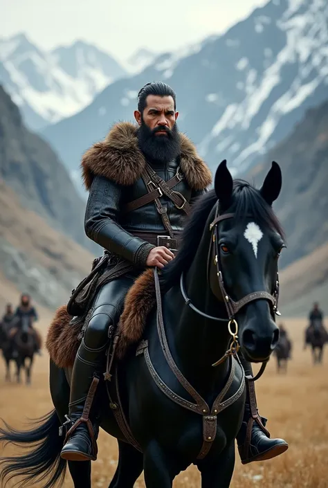 A man with sharp brown eyes, a thin black beard, and short black hair slicked back, wearing an old Ottoman combat uniform made of fur and black leather armor, riding on a black horse in the valley. 