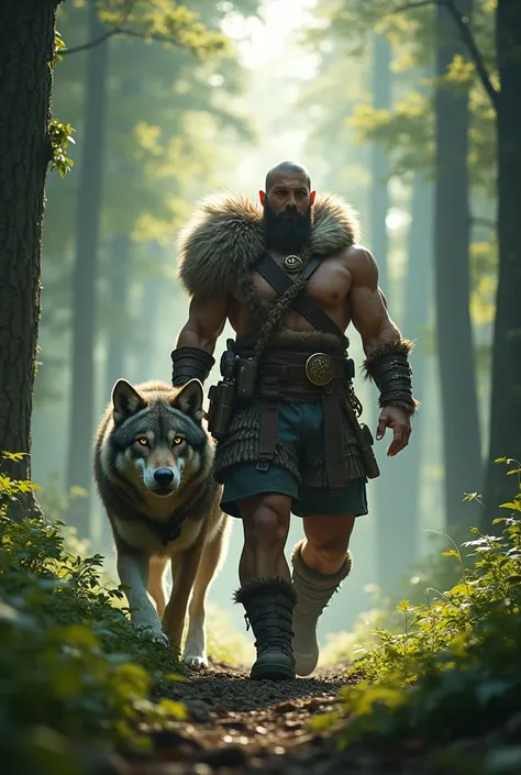 A mighty man walks with a giant wolf.with a background in a green forest 