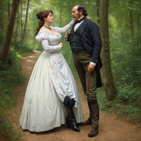 Full body shot of Anastasia Kvitko as a plump voluptuous buxom Victorian chambermaid flirting and kissing with an elderly Victorian forest ranger on a pathway in the summerly woods , by Jean Béraud, inspired by Jean Béraud, inspired by Édouard Detaille, ed...