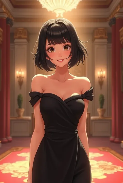 a Asian girl. She has short black tomboy hair with bangs, black eyes. She wears little black dress . She is standing in the middle of ballroom. She raises her head, smile brightly. 3/4 angle