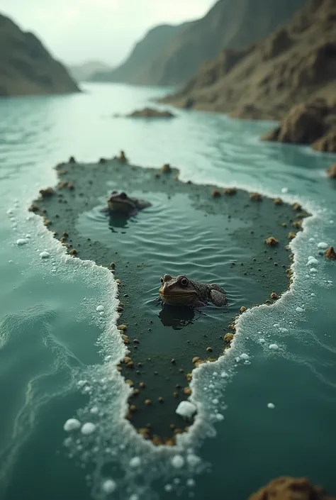  lake shaped like Brazil, boiling water, two frogs in the hot water  