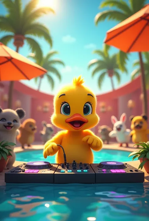  A little yellow duck behind a DJ table ,  animating a poolside party , with flashing lights,  other animals dancing and a vibrant scenery .