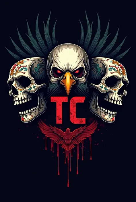 Make me a logo with calaveras, an eagle with a lot of blood and the letters TC in the middle 