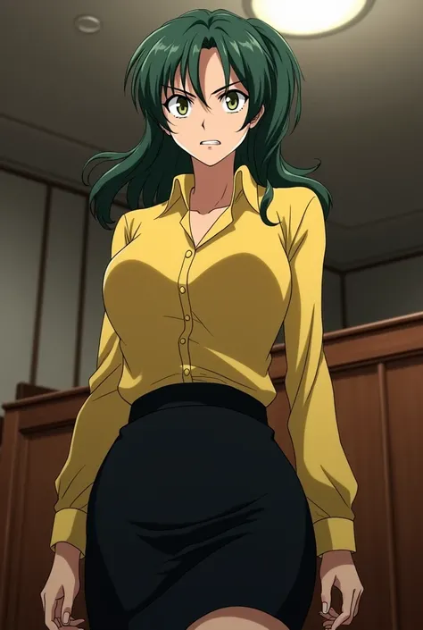 Sakurai, anime mature angry face, Sharp eyes, dark green wavy hair, side pony, low tied pony tail, yellow blouse, black tight skirt, tall body, in the court assigning for divorce