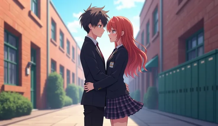 a cool beautiful couple wearing school uniforms , standing in school  ,  anime style 