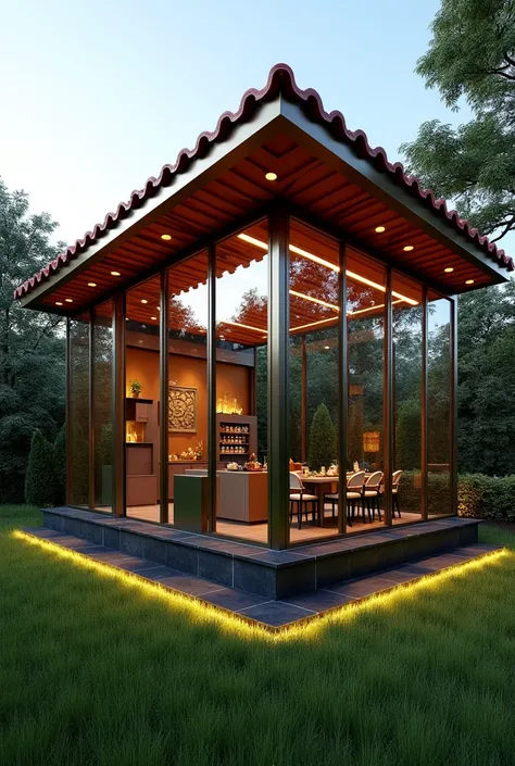 "A contemporary outdoor lounge featuring a rectangular glass structure with clear glass walls and bronze framing. The roof is angled with red tile shingles and embedded with ceiling spotlights. The black stone base is raised and illuminated by floor-integr...