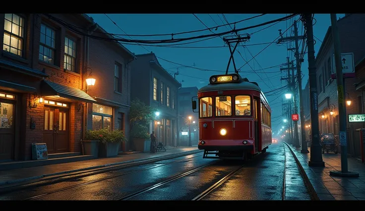 {{{{ultra-high resolution}}}}, very aesthetic, best quality, intricate, overall detail, masterpiece, realistic, 1990s, HAKODATE, Tram, Brick Warehouse, port,  Scenery, night