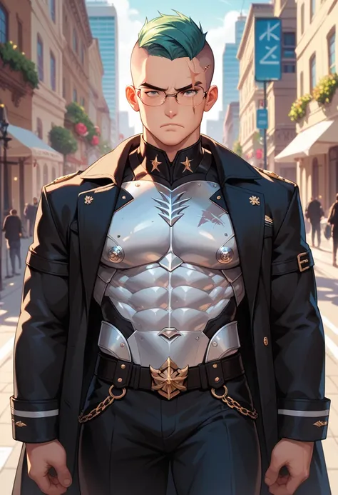 A 30-yr man, buzz cut short hair, scars on the face, Blind in one eye, big muscles, wears eyeglasses, wears armor inside. Long black coat outside, Stressed face, standing in the city