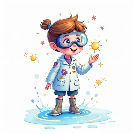 Create an hand drawn water and ink style illustration of a young  scientist, positioned in the center of the page with a friendly, engaging expression. The  should be wearing a pair of goggles with a slight reflective sheen, showcasing curiosity and excite...