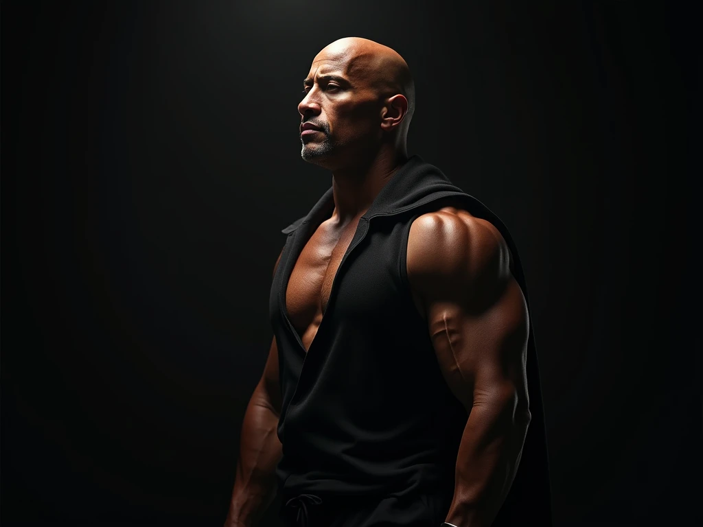 (photorealism:1.2), hollywood actor Dwayne Johnson, muscles, smooth face, bald head, shaved face, young Dwayne Douglas Johnson, black sports undershirt, open cloak, dark background, realistic, intricate details, contour light, high quality, surround light,...